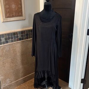 Chic Black/Brown velvet Long Sleeve Dress with Fringe Hem